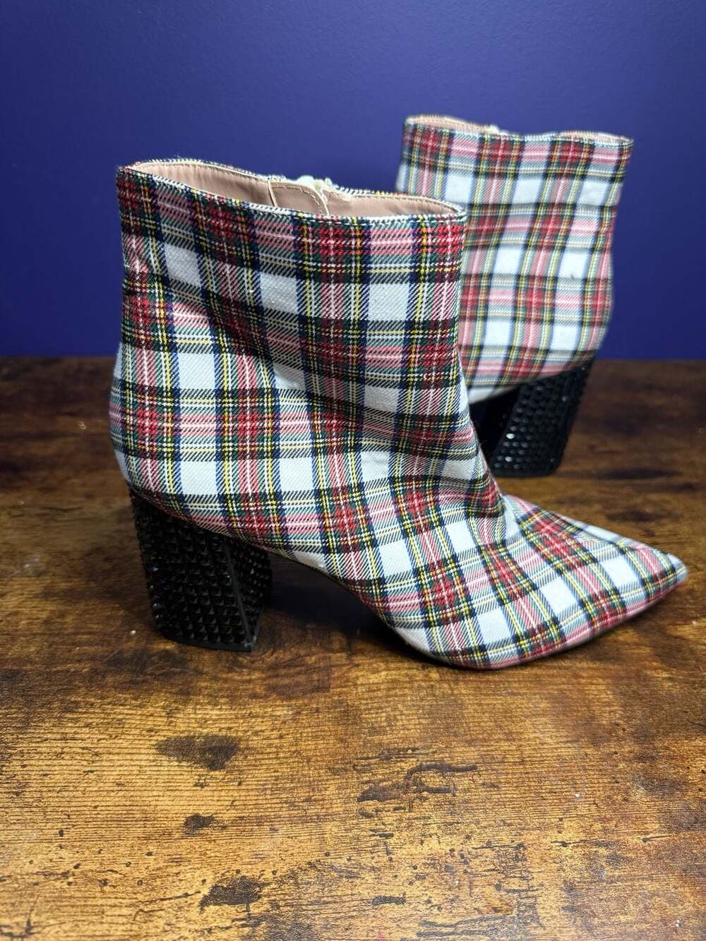 Betsey Johnson Kassie Fashion Boot Size 11 White Plaid Studded Heel